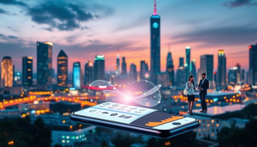 A vibrant digital landscape showcasing the functions of a modern financial application. In the foreground, display a sleek smartphone with an open app interface, illustrating cryptocurrency exchange, budget management, and transaction tracking features. Include icons symbolizing analytics, savings, and security, all elegantly arranged. In the middle ground, integrate elements like a diverse group of users, portrayed in professional business attire, engaging with the app on various devices, reflecting collaboration and innovation. The background should be a futuristic urban skyline at dusk, illuminated by soft, warm lighting, creating an inviting atmosphere. Use a wide-angle perspective to enhance depth and focus on the details of the app's functionality, conveying a sense of connectivity and modernity. A vibrant digital landscape showcasing the functions of a modern financial application. In the foreground, display a sleek smartphone with an open app interface, illustrating cryptocurrency exchange, budget management, and transaction tracking features. Include icons symbolizing analytics, savings, and security, all elegantly arranged. In the middle ground, integrate elements like a diverse group of users, portrayed in professional business attire, engaging with the app on various devices, reflecting collaboration and innovation. The background should be a futuristic urban skyline at dusk, illuminated by soft, warm lighting, creating an inviting atmosphere. Use a wide-angle perspective to enhance depth and focus on the details of the app's functionality, conveying a sense of connectivity and modernity.