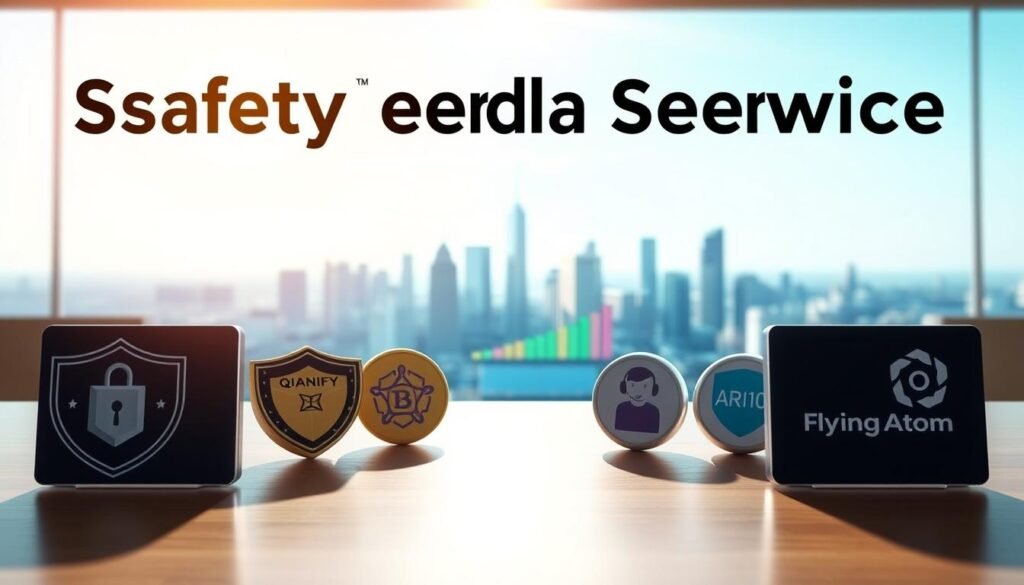 A visually compelling comparison image showcasing the safety and customer service features of five cryptocurrency exchanges: Quark, Cashify, Kanga, ARI10, and FlyingAtom. In the foreground, display detailed icons or symbols representing security (like shields or locks) and customer service (like friendly customer support icons) for each exchange. The middle ground features a digital interface or dashboard with graphs and metrics, illustrating their rankings in safety and service. In the background, a soft-focus skyline of a modern city, symbolizing a tech-driven environment. Use bright, clear lighting to convey optimism and reliability, captured from a slightly elevated angle to emphasize the comparison. The atmosphere should feel professional, informative, and trust-inspiring, with a clean and modern aesthetic.