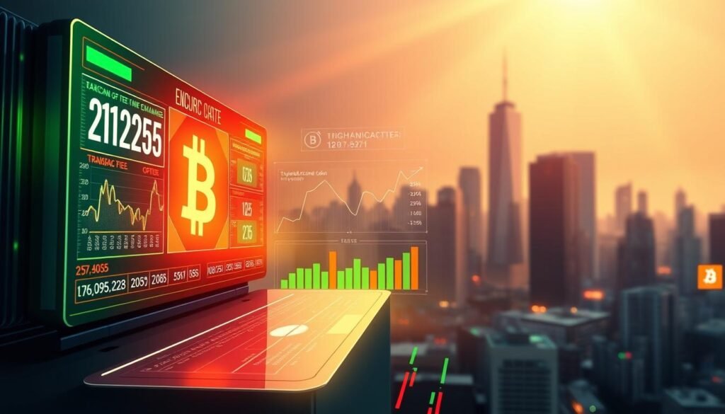 A visually engaging infographic-style image depicting "the spread on Bitcoin as an exchange cost." In the foreground, illustrate a vibrant, modern digital display showing the current Bitcoin price and exchange rates from various cryptocurrency exchanges. The middle ground features stylized graphs and charts highlighting the differences in transaction fees prominently. In the background, a city skyline symbolizes the global nature of cryptocurrency exchanges. Use dynamic lighting to create a tech-savvy atmosphere, emphasizing the interplay of colors between green and red to represent fluctuating Bitcoin values. The composition should feel informative yet visually engaging, capturing the essence of understanding costs in Bitcoin transactions without any text or branding.