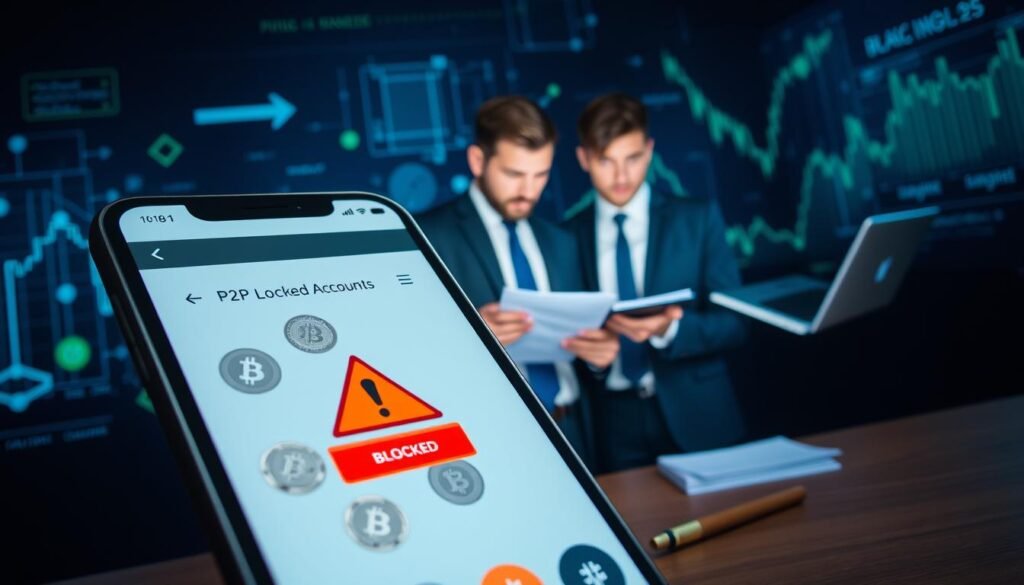 A visually striking depiction of a digital P2P cryptocurrency transaction, illustrating the tension around blocked accounts. In the foreground, a close-up of a smartphone displaying a cryptocurrency wallet app with various digital coins, highlighting a red alert symbol. In the middle ground, two professional individuals, dressed in business attire, appear concerned while discussing their screens, with notes and charts visible, symbolizing the analytical nature of P2P transactions. The background features a dark, tech-themed setting with abstract blockchain visuals and graphs, creating a sense of urgency. Ambient blue and green lighting enhances the futuristic atmosphere, while sharp angles emphasize the instability and risk of locked funds.