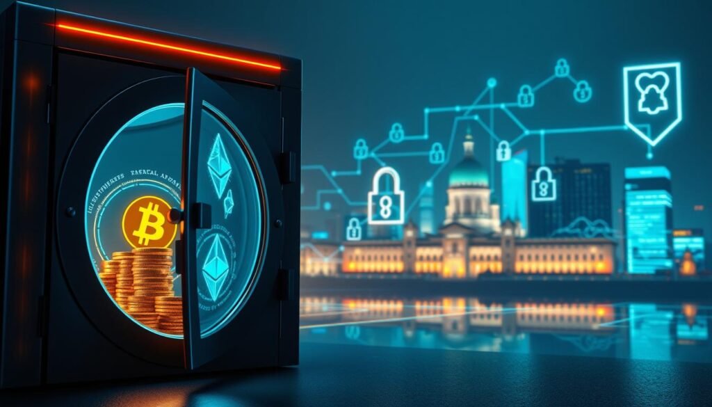 A visually striking depiction of cryptocurrency safety and legality in Poland, featuring a secure vault in the foreground, glowing with digital cryptocurrency symbols like Bitcoin and Ethereum. The vault door is partially open, revealing stacks of golden coins and blockchain ledger documents. In the middle, an abstract representation of a secure digital network, with glowing lines connecting nodes and blockchain graphics. The background showcases a city skyline of Warsaw, symbolizing regulation and compliance, with overlaying digital elements, like padlocks and security shields. The atmosphere is professional and futuristic, with cool blue and green neon lighting, creating a sense of security and trust. The perspective is slightly angled, emphasizing the vault and digital elements prominently.