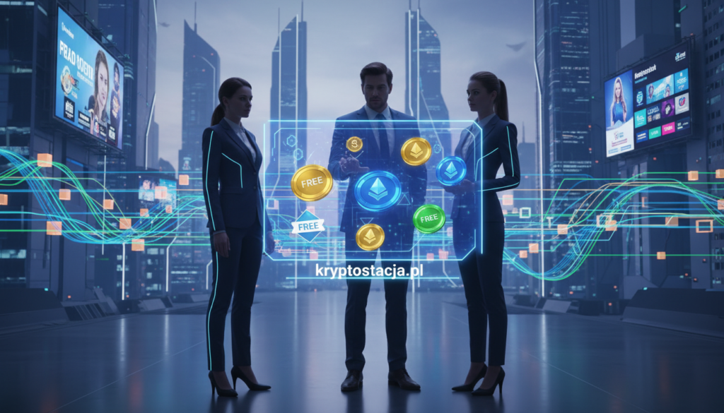 A visually striking illustration capturing the concept of acquiring free tokens in a futuristic digital landscape. In the foreground, a diverse group of three professionals, dressed in smart business attire, are engaging with a large, luminous holographic display showcasing various digital tokens. The middle ground features sleek, abstract imagery representing blockchain technology and innovative projects, with vibrant colors illuminating the scene. In the background, a city skyline with modern architecture and digital billboards promoting cryptocurrency projects adds depth. Soft, ambient lighting creates a tech-savvy atmosphere, while a slight focus blur on the skyline enhances the central action. Include the brand name "kryptostacja.pl" subtly integrated into the digital elements, maintaining a cohesive design.