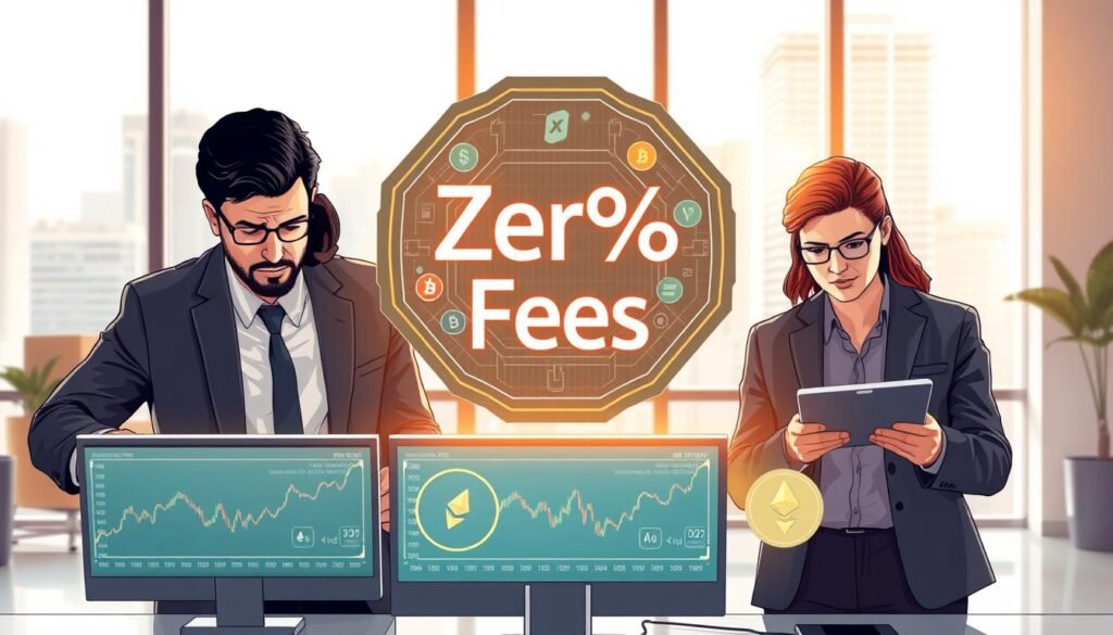 A visually striking illustration depicting the concept of "0% fees" in cryptocurrency trading, positioned in a modern, sleek financial environment. In the foreground, a diverse group of three professional investors—a man and a woman in business attire, and a tech-savvy individual in smart casual wear—are intently examining digital screens showing cryptocurrency charts and graphs. The middle ground features a futuristic digital interface floating above their screens, displaying the phrase “Zero Fees” in a bold, eye-catching font, surrounded by symbols of various cryptocurrencies like Bitcoin and Ethereum. The background is an urban office with large windows, letting in bright natural light, creating an optimistic atmosphere. The overall mood conveys a sense of intrigue and caution, highlighting the hidden pitfalls of "0% fee" offers in the crypto market. A visually striking illustration depicting the concept of "0% fees" in cryptocurrency trading, positioned in a modern, sleek financial environment. In the foreground, a diverse group of three professional investors—a man and a woman in business attire, and a tech-savvy individual in smart casual wear—are intently examining digital screens showing cryptocurrency charts and graphs. The middle ground features a futuristic digital interface floating above their screens, displaying the phrase “Zero Fees” in a bold, eye-catching font, surrounded by symbols of various cryptocurrencies like Bitcoin and Ethereum. The background is an urban office with large windows, letting in bright natural light, creating an optimistic atmosphere. The overall mood conveys a sense of intrigue and caution, highlighting the hidden pitfalls of "0% fee" offers in the crypto market.