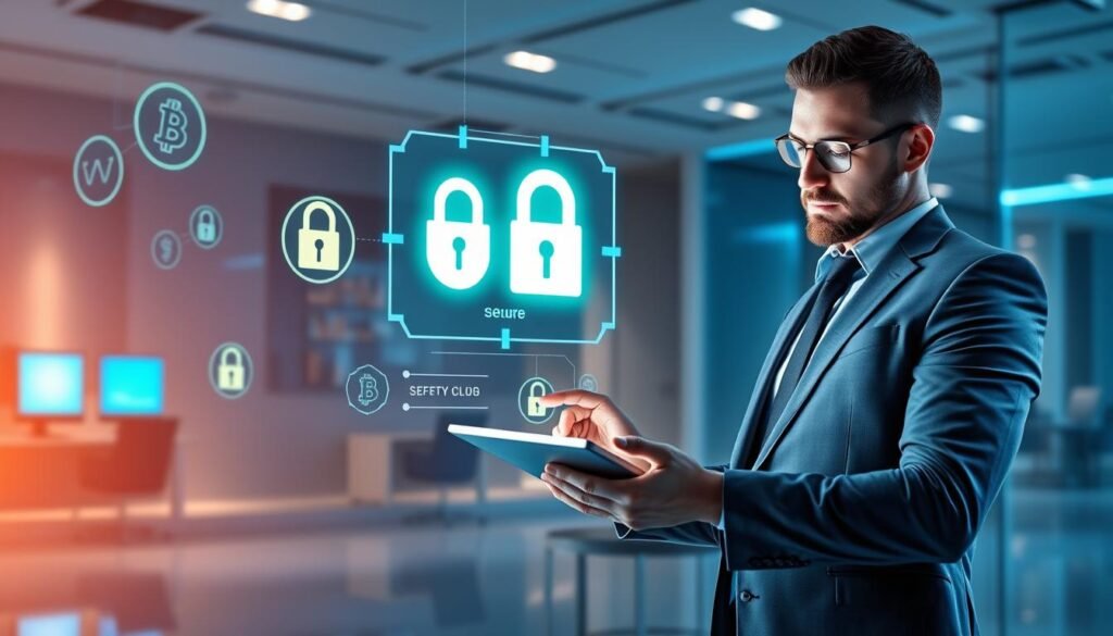 A visually striking illustration of cryptocurrency transaction security, set in a modern office environment. In the foreground, a confident business professional in a smart suit examines a glowing digital interface on a sleek tablet, displaying secure transaction metrics. The middle ground features holographic representations of cryptocurrencies and lock icons, symbolizing safety and verification. The background showcases a high-tech office with soft blue and green ambient lighting, enhancing the sense of security. The scene is captured from a slightly elevated angle to emphasize the digital elements, creating a dynamic atmosphere of innovation and trust. The overall mood is one of assurance, professionalism, and advanced technology, reflecting the importance of secure transactions in cryptocurrency exchanges. A visually striking illustration of cryptocurrency transaction security, set in a modern office environment. In the foreground, a confident business professional in a smart suit examines a glowing digital interface on a sleek tablet, displaying secure transaction metrics. The middle ground features holographic representations of cryptocurrencies and lock icons, symbolizing safety and verification. The background showcases a high-tech office with soft blue and green ambient lighting, enhancing the sense of security. The scene is captured from a slightly elevated angle to emphasize the digital elements, creating a dynamic atmosphere of innovation and trust. The overall mood is one of assurance, professionalism, and advanced technology, reflecting the importance of secure transactions in cryptocurrency exchanges.