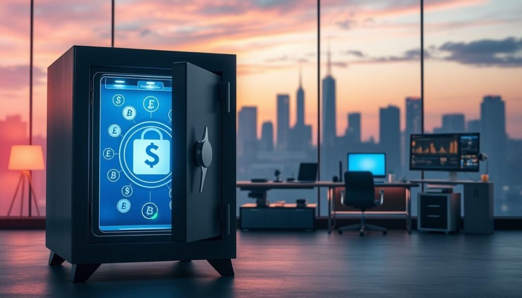 A visually striking scene depicting the concept of secure cryptocurrency storage. In the foreground, a modern safe with an open door reveals a glowing digital wallet. The wallet is surrounded by various forms of currency icons, symbolizing both hot and cold wallets. In the middle ground, a futuristic office setting with high-tech gadgets, conveying a sense of advanced technology. The background features a calming city skyline at dusk, with soft, warm lighting that adds to the atmosphere of security and reliability. Use a wide-angle lens to capture depth, and implement balanced lighting to enhance the details of the safe and digital wallet. The overall mood should be professional, serene, and innovative, highlighting the importance of secure cryptocurrency storage.