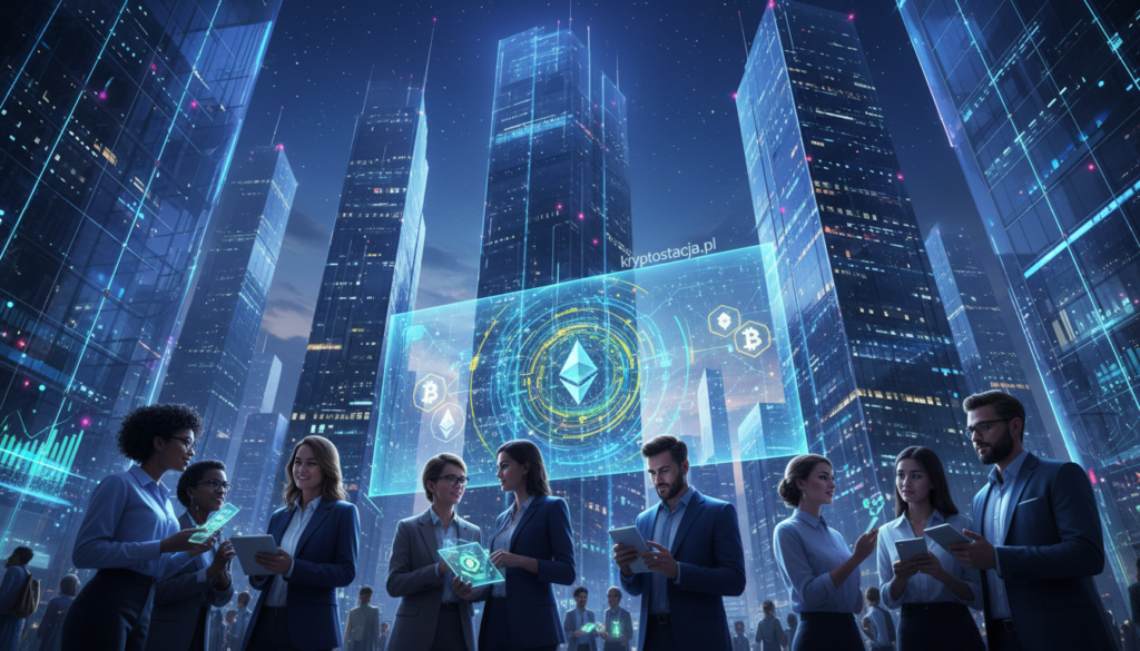A visually stunning digital art piece representing "kryptowaluty" in a futuristic setting. In the foreground, a diverse group of professionals in smart casual attire engages in animated discussions while holding digital devices displaying various cryptocurrency graphics. The middle ground features a large, semi-transparent holographic display showcasing vibrant blockchain patterns and prominent cryptocurrency symbols like Bitcoin and Ethereum. In the background, a sleek, modern cityscape with towering glass buildings and neon lights glows under a twilight sky, filled with stars. Soft, ambient lighting creates a dynamic atmosphere of innovation and creativity, while the perspective is angled slightly upward, emphasizing the city’s expansive height. The image should evoke a sense of excitement and originality, encapsulating the essence of unique cryptocurrency projects. Include the brand "kryptostacja.pl" seamlessly integrated into the artwork without text overlays.