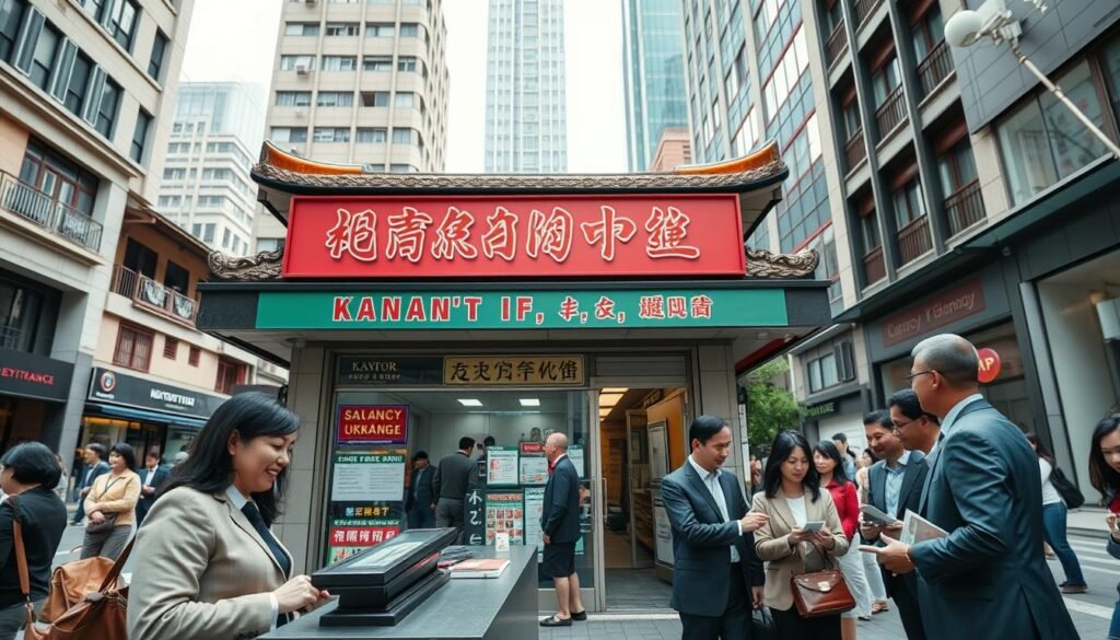 A bustling city street featuring a traditional currency exchange office, or "kantor," amidst modern architecture. In the foreground, a friendly, professional cashier interacts with a diverse group of customers dressed in smart business attire, exchanging currency. The middle ground highlights a well-kept storefront adorned with colorful signage that beckons passersby, while the background showcases a mix of traditional buildings and contemporary skyscrapers. Soft, natural lighting filters through, creating a warm and inviting atmosphere. The angle is slightly elevated, capturing the energy of urban life and the juxtaposition between the physical exchange office and the surrounding digital age. The scene conveys a sense of trust and convenience for those who still prefer in-person transactions.