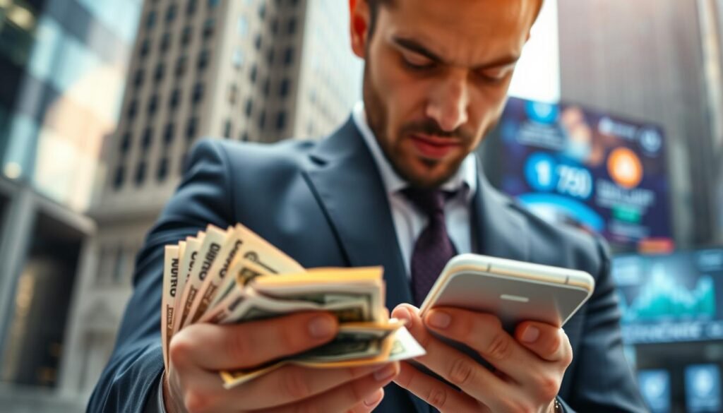 A close-up of a person in a professional business suit, confidently handling a stack of cash while looking at a smartphone displaying cryptocurrency graphics. The foreground features crisp details of the cash, with a focus on the denominations seen. In the middle, the person’s expressive face shows determination and focus, conveying a sense of opportunity. The background reveals a modern urban environment, slightly blurred to emphasize the foreground, with subtle hints of financial buildings and digital screens showcasing cryptocurrency trends. The lighting is bright and optimistic, capturing the excitement of new financial possibilities, while maintaining a professional atmosphere. The overall mood is one of confidence and empowerment in the evolving financial landscape. A close-up of a person in a professional business suit, confidently handling a stack of cash while looking at a smartphone displaying cryptocurrency graphics. The foreground features crisp details of the cash, with a focus on the denominations seen. In the middle, the person’s expressive face shows determination and focus, conveying a sense of opportunity. The background reveals a modern urban environment, slightly blurred to emphasize the foreground, with subtle hints of financial buildings and digital screens showcasing cryptocurrency trends. The lighting is bright and optimistic, capturing the excitement of new financial possibilities, while maintaining a professional atmosphere. The overall mood is one of confidence and empowerment in the evolving financial landscape.