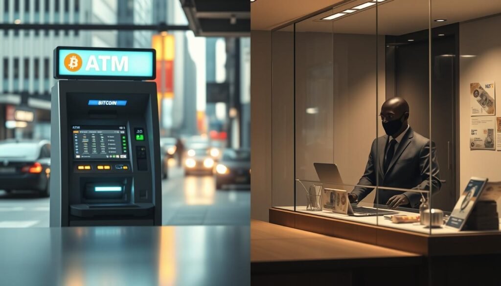 A comparative scene illustrating cryptocurrency privacy, featuring two distinct setups: on the left, a sleek, modern Bitcoin ATM in a well-lit urban environment, showcasing its digital interface with glowing screens. On the right, a traditional currency exchange office with a professional representative behind a glass counter, surrounded by traditional currency notes and minimalistic decor. The background includes blurred city life, emphasizing anonymity and privacy in financial transactions. Use soft, dramatic lighting to create a sense of intrigue, with shadows that play across the surfaces. The angle is slightly skewed, drawing viewers into the contrast between the digital and physical spaces, portraying the concept of privacy in cryptocurrency exchanges versus traditional offices. The atmosphere should feel contemporary and secure, reflecting a forward-thinking financial landscape. A comparative scene illustrating cryptocurrency privacy, featuring two distinct setups: on the left, a sleek, modern Bitcoin ATM in a well-lit urban environment, showcasing its digital interface with glowing screens. On the right, a traditional currency exchange office with a professional representative behind a glass counter, surrounded by traditional currency notes and minimalistic decor. The background includes blurred city life, emphasizing anonymity and privacy in financial transactions. Use soft, dramatic lighting to create a sense of intrigue, with shadows that play across the surfaces. The angle is slightly skewed, drawing viewers into the contrast between the digital and physical spaces, portraying the concept of privacy in cryptocurrency exchanges versus traditional offices. The atmosphere should feel contemporary and secure, reflecting a forward-thinking financial landscape.