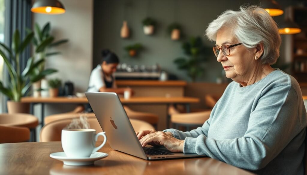 A cozy café scene depicting a senior woman in her 70s, wearing modest casual clothing, sitting at a table with a laptop open in front of her. She is attentively exploring a user-friendly Bitcoin trading platform, showcasing a sense of focus and curiosity. In the foreground, a steaming cup of coffee sits next to her, highlighting a relaxed, comfortable atmosphere. The middle ground reveals a cheerful barista assisting other customers, contributing to the lively ambiance. The background features warm lighting with plants and soft décor, adding to the inviting vibe of the café. The overall mood is friendly and approachable, blending technology with a sense of community, emphasizing learning and exploration in a safe environment for everyone. A cozy café scene depicting a senior woman in her 70s, wearing modest casual clothing, sitting at a table with a laptop open in front of her. She is attentively exploring a user-friendly Bitcoin trading platform, showcasing a sense of focus and curiosity. In the foreground, a steaming cup of coffee sits next to her, highlighting a relaxed, comfortable atmosphere. The middle ground reveals a cheerful barista assisting other customers, contributing to the lively ambiance. The background features warm lighting with plants and soft décor, adding to the inviting vibe of the café. The overall mood is friendly and approachable, blending technology with a sense of community, emphasizing learning and exploration in a safe environment for everyone.
