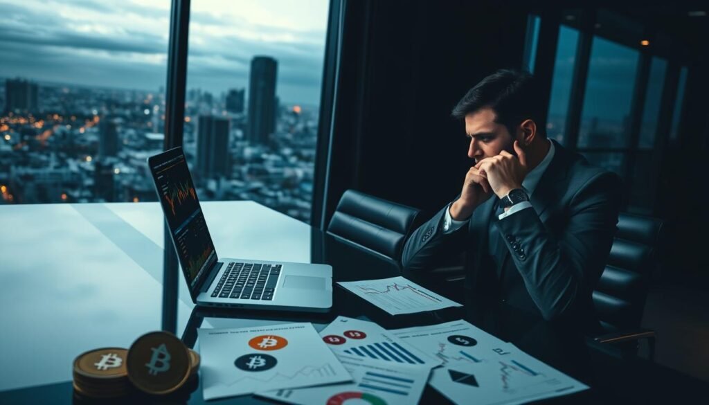 A dark, moody office environment with a sleek desk and a laptop open to a cryptocurrency trading platform displaying fluctuating graphs. In the foreground, a worried-looking business professional in smart attire, glancing at the screen, with a hand on their chin, conveying concern about investment risks. In the middle ground, scattered papers detailing crypto statistics and market trends, alongside crypto coin logos like Bitcoin and Ethereum. The background features a city skyline visible through a large window, accentuated by dim ambient lighting with a hint of blue. The atmosphere is tense, symbolizing the dual nature of opportunity and risk in cryptocurrency investments. A dark, moody office environment with a sleek desk and a laptop open to a cryptocurrency trading platform displaying fluctuating graphs. In the foreground, a worried-looking business professional in smart attire, glancing at the screen, with a hand on their chin, conveying concern about investment risks. In the middle ground, scattered papers detailing crypto statistics and market trends, alongside crypto coin logos like Bitcoin and Ethereum. The background features a city skyline visible through a large window, accentuated by dim ambient lighting with a hint of blue. The atmosphere is tense, symbolizing the dual nature of opportunity and risk in cryptocurrency investments.