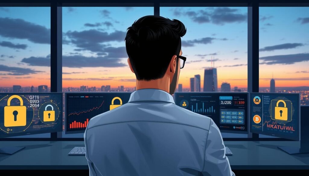 A digital illustration symbolizing "crypto security" prominently features a sleek, modern office setup in the foreground, where a professional in business attire is attentively reviewing cryptocurrency transactions on multiple screens, each displaying various digital wallets and charts. The middle ground showcases stylized representations of blockchain networks and secure locks, symbolizing safety and control over assets. In the background, a large window reveals a dynamic cityscape at dusk, with soft, ambient lighting creating a sense of innovation and technology. The overall mood is reassuring and focused, emphasizing the importance of security in the cryptocurrency world while highlighting the ease of managing digital assets. The image is crisp, with a cinematic angle that draws attention to the subject’s concentration and the tech-driven environment. A digital illustration symbolizing "crypto security" prominently features a sleek, modern office setup in the foreground, where a professional in business attire is attentively reviewing cryptocurrency transactions on multiple screens, each displaying various digital wallets and charts. The middle ground showcases stylized representations of blockchain networks and secure locks, symbolizing safety and control over assets. In the background, a large window reveals a dynamic cityscape at dusk, with soft, ambient lighting creating a sense of innovation and technology. The overall mood is reassuring and focused, emphasizing the importance of security in the cryptocurrency world while highlighting the ease of managing digital assets. The image is crisp, with a cinematic angle that draws attention to the subject’s concentration and the tech-driven environment.