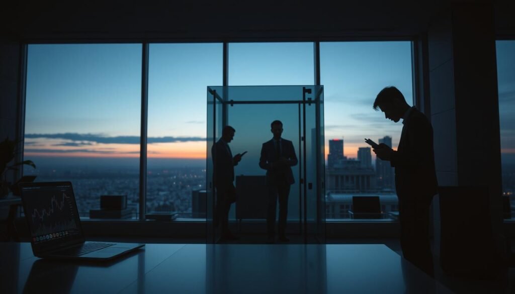 A dimly lit, modern office interior featuring abstract representations of various cryptocurrency channels. In the foreground, a sleek, minimalist desk with a laptop displaying digital graphs symbolizes online trading. In the middle ground, a clear glass divider separates areas showcasing a bustling crypto exchange with professionals dressed in business attire analyzing data. To one side, a person engaged in a P2P transaction, with physical cash and digital assets subtly indicating privacy concerns. In the background, a large window reveals a city skyline at dusk, providing a moody atmosphere with subtle blue and orange lighting. The overall tone is serious yet sophisticated, evoking the complexities of privacy in crypto transactions. A dimly lit, modern office interior featuring abstract representations of various cryptocurrency channels. In the foreground, a sleek, minimalist desk with a laptop displaying digital graphs symbolizes online trading. In the middle ground, a clear glass divider separates areas showcasing a bustling crypto exchange with professionals dressed in business attire analyzing data. To one side, a person engaged in a P2P transaction, with physical cash and digital assets subtly indicating privacy concerns. In the background, a large window reveals a city skyline at dusk, providing a moody atmosphere with subtle blue and orange lighting. The overall tone is serious yet sophisticated, evoking the complexities of privacy in crypto transactions.