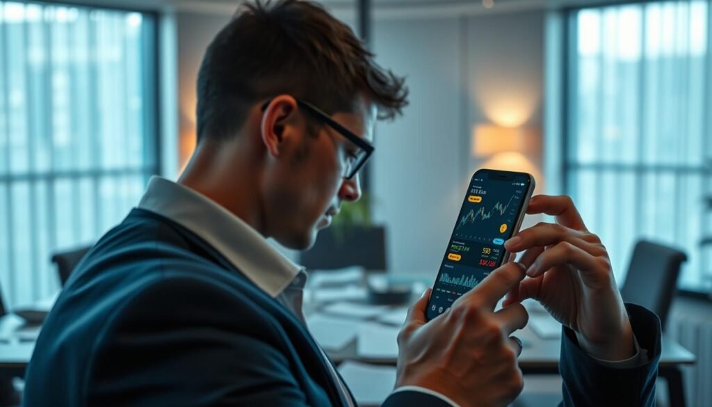 A dynamic scene illustrating "market risk" in the context of cryptocurrency trading. In the foreground, a focused individual in professional attire, intently examining a smartphone displaying fluctuating cryptocurrency graphs and alerts. The middle ground features a table scattered with financial documents and charts, emphasizing the critical analysis of data. In the background, a blurred depiction of a modern office with large windows, letting in soft, natural light that creates a calm yet urgent atmosphere. The overall color palette combines cool blues and greys with occasional warm accents, suggesting a blend of technology and finance. The mood is serious and contemplative, enhancing the theme of caution before making financial decisions.