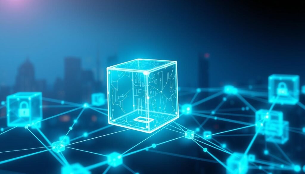 A futuristic blockchain visualization, showcasing interconnected digital blocks in various shades of blue and green. In the foreground, depict a transparent, glowing block representing a cryptocurrency transaction, with flowing data lines illustrating its movement. In the middle, have a web of digital blocks forming a chain with intricate patterns, emphasizing security and transparency. The background features a subtle, darkened city skyline with neon lights, reflecting technological advancement. Use soft, ambient lighting to create a professional and innovative atmosphere, with a slight lens flare effect to enhance the high-tech feel. Angle the perspective slightly upward to emphasize the depth and complexity of the blockchain network. A futuristic blockchain visualization, showcasing interconnected digital blocks in various shades of blue and green. In the foreground, depict a transparent, glowing block representing a cryptocurrency transaction, with flowing data lines illustrating its movement. In the middle, have a web of digital blocks forming a chain with intricate patterns, emphasizing security and transparency. The background features a subtle, darkened city skyline with neon lights, reflecting technological advancement. Use soft, ambient lighting to create a professional and innovative atmosphere, with a slight lens flare effect to enhance the high-tech feel. Angle the perspective slightly upward to emphasize the depth and complexity of the blockchain network.