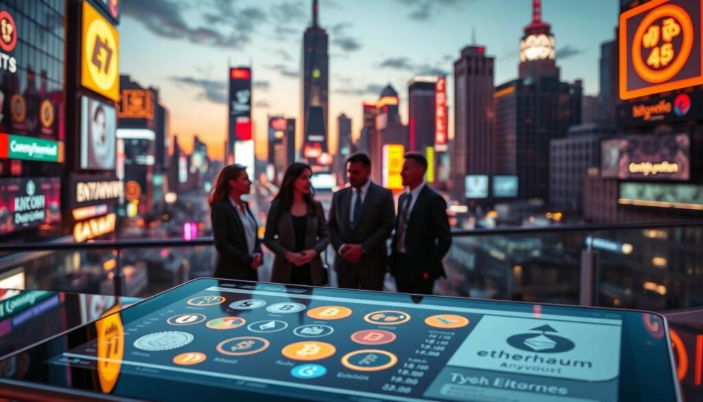 A futuristic concept image representing cryptocurrency transactions without KYC verification in 2026. In the foreground, a sleek digital wallet interface displayed on a tablet, showcasing various cryptocurrencies like Bitcoin, Ethereum, and Litecoin. The middle layer features a diverse group of professionals in business attire, discussing cryptocurrencies in an urban setting, illuminated by vibrant neon signs. In the background, a city skyline at dusk, filled with high-tech buildings and holographic advertisements for anonymous cryptocurrency services. The atmosphere is bustling and dynamic, emphasizing innovation and the ease of trading cryptocurrency anonymously. Use dramatic lighting with reflections to enhance the futuristic feel, shot from a slightly elevated angle for depth.