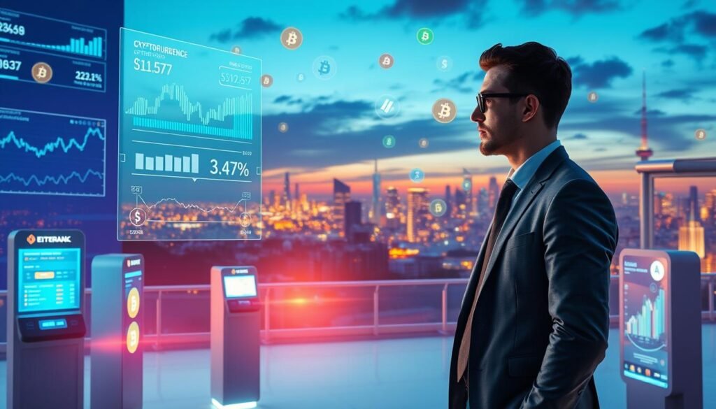 A futuristic digital landscape showcasing the evolving cryptocurrency market. In the foreground, a professional businessperson, dressed in smart casual attire, is engaged with a holographic display of fluctuating cryptocurrency charts and digital assets. The middle ground features sleek, modern kiosks and digital interfaces representing automated cryptocurrency transactions, surrounded by symbols of various cryptocurrencies floating in the air. In the background, a skyline of a vibrant city at dusk, illuminated by bright neon lights, symbolizes the technological revolution. Soft, dynamic lighting enhances the atmosphere, creating a sense of innovation and change. The overall mood is energetic and forward-looking, capturing the essence of technological advancements transforming how people interact with cryptocurrencies.