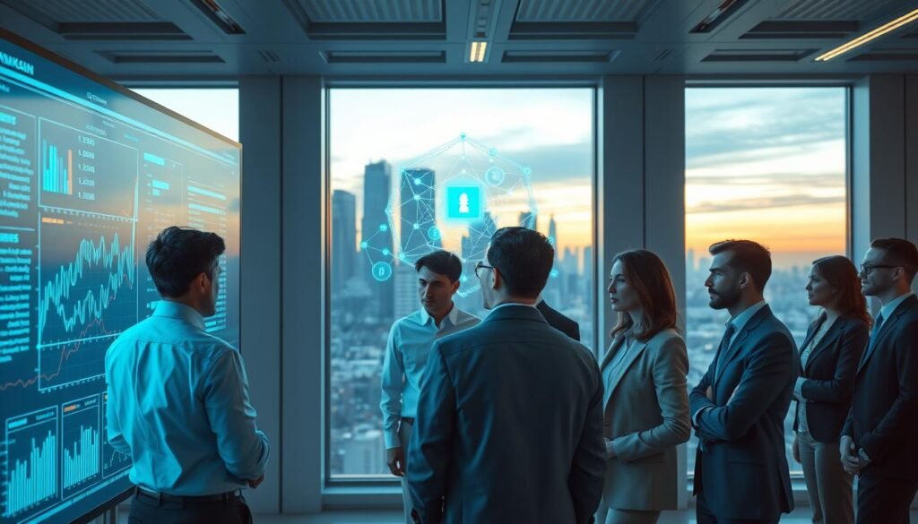 A futuristic office environment showcasing tools for blockchain analysis and de-anonymization. In the foreground, a diverse group of professionals in business attire examines a large screen displaying complex graphs, charts, and blockchain transaction data. The middle layer features a holographic digital interface with interconnected nodes and blocks, symbolizing blockchain technology. In the background, large windows reveal a city skyline at dusk, bathed in a warm, soft glow, that contrasts with the cool blue tones of the digital elements. The atmosphere is serious and innovative, emphasizing the importance of monitoring cryptocurrency transactions. The lighting is a mix of natural light from the windows and artificial light from overhead fixtures, creating a collaborative and high-tech environment. A futuristic office environment showcasing tools for blockchain analysis and de-anonymization. In the foreground, a diverse group of professionals in business attire examines a large screen displaying complex graphs, charts, and blockchain transaction data. The middle layer features a holographic digital interface with interconnected nodes and blocks, symbolizing blockchain technology. In the background, large windows reveal a city skyline at dusk, bathed in a warm, soft glow, that contrasts with the cool blue tones of the digital elements. The atmosphere is serious and innovative, emphasizing the importance of monitoring cryptocurrency transactions. The lighting is a mix of natural light from the windows and artificial light from overhead fixtures, creating a collaborative and high-tech environment.