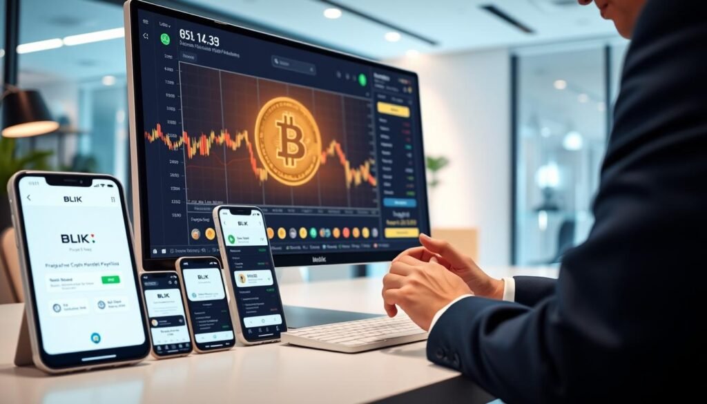 A modern and sleek digital trading platform interface displayed on a large computer screen, showcasing various popular cryptocurrencies, including Bitcoin. In the foreground, a focused person in professional business attire interacts with the platform, typing swiftly. The middle ground features a variety of smartphone screens showing different BLIK payment options, emphasizing speed and accessibility. The background is a stylish, minimalistic office environment with soft, ambient lighting that reflects a tech-savvy atmosphere. The scene captures an energetic and forward-looking mood, highlighting the concept of fast cryptocurrency purchases through innovative platforms. The image is crisp, with a focus on the vibrant colors of the digital assets and the clean lines of the user interface, conveying clarity and urgency in the cryptocurrency market. A modern and sleek digital trading platform interface displayed on a large computer screen, showcasing various popular cryptocurrencies, including Bitcoin. In the foreground, a focused person in professional business attire interacts with the platform, typing swiftly. The middle ground features a variety of smartphone screens showing different BLIK payment options, emphasizing speed and accessibility. The background is a stylish, minimalistic office environment with soft, ambient lighting that reflects a tech-savvy atmosphere. The scene captures an energetic and forward-looking mood, highlighting the concept of fast cryptocurrency purchases through innovative platforms. The image is crisp, with a focus on the vibrant colors of the digital assets and the clean lines of the user interface, conveying clarity and urgency in the cryptocurrency market.