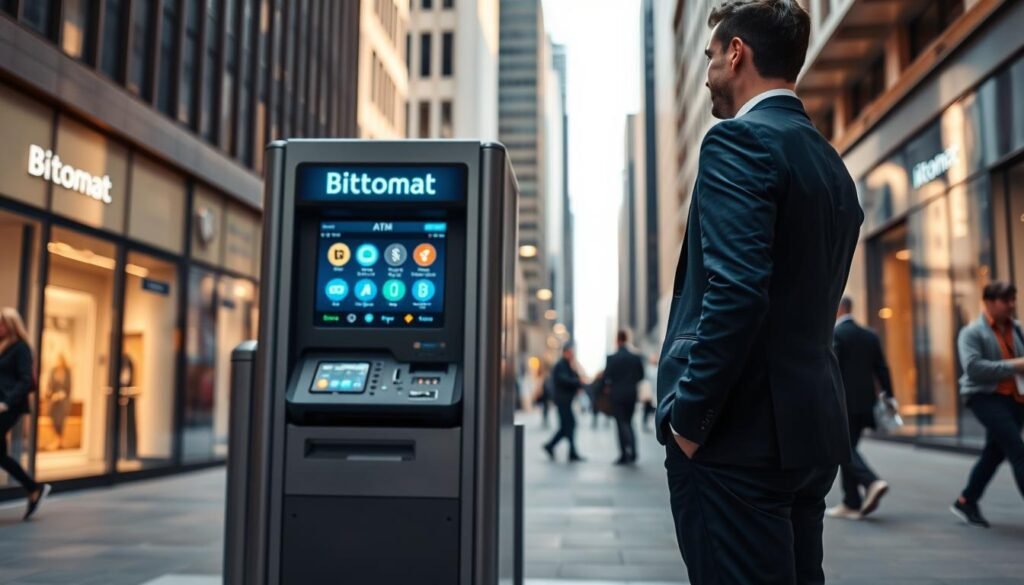 A modern cryptocurrency ATM, known as a bitomat, prominently displayed in an urban environment. In the foreground, a well-dressed individual in business attire approaches the machine, examining its interface. The middle ground features the bitomat itself, showcasing a sleek design with a digital screen displaying cryptocurrency options. In the background, a busy city street with passersby and modern buildings creates a lively atmosphere. Soft daylight illuminates the scene, enhancing the professional and approachable mood. The angle captures both the individual and the machine, emphasizing the interaction and convenience of buying cryptocurrencies with cash. The image should maintain a clean, professional aesthetic without any text or overlays. A modern cryptocurrency ATM, known as a bitomat, prominently displayed in an urban environment. In the foreground, a well-dressed individual in business attire approaches the machine, examining its interface. The middle ground features the bitomat itself, showcasing a sleek design with a digital screen displaying cryptocurrency options. In the background, a busy city street with passersby and modern buildings creates a lively atmosphere. Soft daylight illuminates the scene, enhancing the professional and approachable mood. The angle captures both the individual and the machine, emphasizing the interaction and convenience of buying cryptocurrencies with cash. The image should maintain a clean, professional aesthetic without any text or overlays.