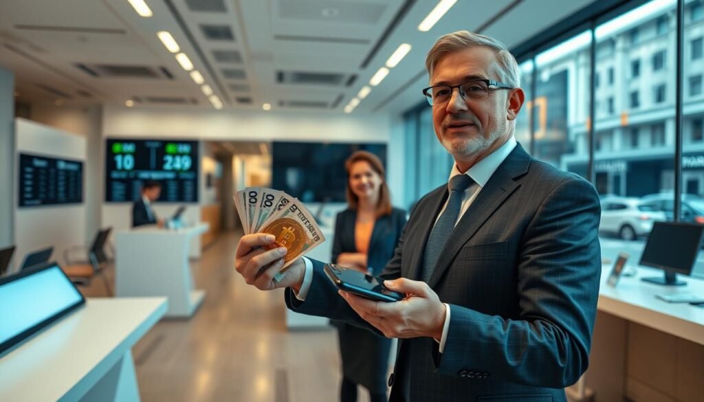 A modern cryptocurrency exchange office interior, featuring a clean and brightly lit space with sleek desks and digital screens displaying cryptocurrency prices. In the foreground, a professional, middle-aged person in smart business attire is exchanging cash for Bitcoin, with a focused expression, holding banknotes in one hand and a Bitcoin symbol on a smartphone in the other. The middle layer showcases a friendly, attentive cryptocurrency broker behind a streamlined counter, assisting clients. In the background, large windows reveal a bustling city street, emphasizing the contemporary atmosphere. Soft, ambient lighting creates a welcoming feel, while the angle captures a dynamic perspective, drawing the viewer’s eye into this high-tech financial environment. A modern cryptocurrency exchange office interior, featuring a clean and brightly lit space with sleek desks and digital screens displaying cryptocurrency prices. In the foreground, a professional, middle-aged person in smart business attire is exchanging cash for Bitcoin, with a focused expression, holding banknotes in one hand and a Bitcoin symbol on a smartphone in the other. The middle layer showcases a friendly, attentive cryptocurrency broker behind a streamlined counter, assisting clients. In the background, large windows reveal a bustling city street, emphasizing the contemporary atmosphere. Soft, ambient lighting creates a welcoming feel, while the angle captures a dynamic perspective, drawing the viewer’s eye into this high-tech financial environment.