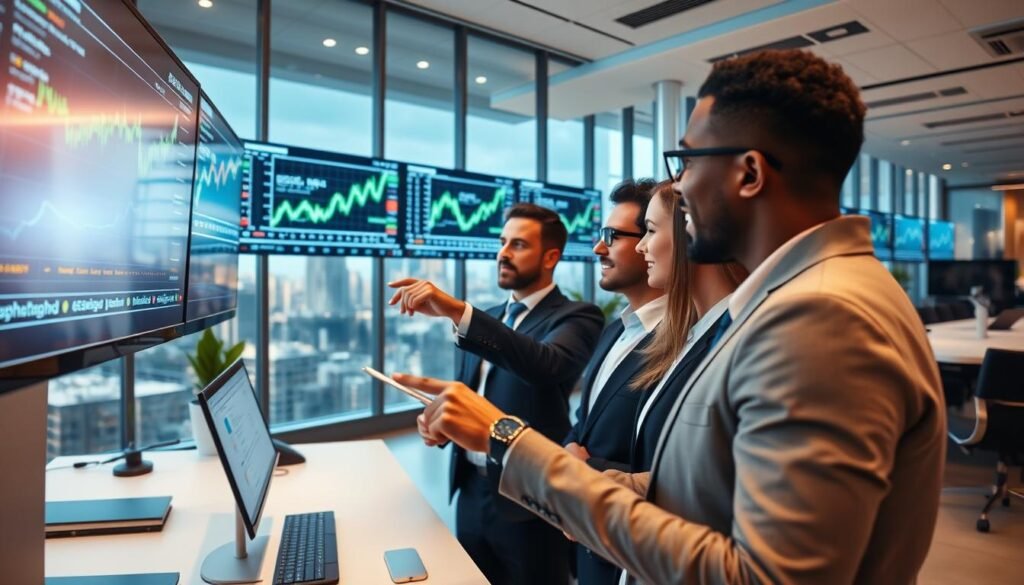 A modern cryptocurrency exchange scene, showcasing a sleek digital interface on multiple screens displaying cryptocurrency charts and trading data. In the foreground, a diverse group of three professionals wearing business attire, engaged in discussion, pointing at the screens. The middle ground captures a well-lit open office space with contemporary decor, including glass walls and high-tech equipment. In the background, a city skyline can be seen through large windows, suggesting a dynamic financial environment. Warm and inviting ambient lighting enhances the productivity vibe, with a hint of excitement in the atmosphere. The composition should be dynamic and engaging, portraying the modernity and seriousness of the cryptocurrency market. A modern cryptocurrency exchange scene, showcasing a sleek digital interface on multiple screens displaying cryptocurrency charts and trading data. In the foreground, a diverse group of three professionals wearing business attire, engaged in discussion, pointing at the screens. The middle ground captures a well-lit open office space with contemporary decor, including glass walls and high-tech equipment. In the background, a city skyline can be seen through large windows, suggesting a dynamic financial environment. Warm and inviting ambient lighting enhances the productivity vibe, with a hint of excitement in the atmosphere. The composition should be dynamic and engaging, portraying the modernity and seriousness of the cryptocurrency market.