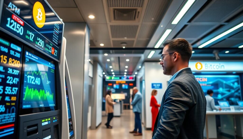 A modern cryptocurrency exchange scene, showcasing a vibrant Bitcoin ATM in the foreground, with a professional individual in business attire using the machine. Surrounding him, there are digital screens displaying exchange rates and cryptocurrency graphics, creating a sense of activity and innovation. In the middle background, a traditional currency exchange office is visible, featuring a sleek, modern interior with staff attending to customers. The setting is well-lit with bright LED lights, casting a professional glow. The atmosphere is energetic and contemporary, with a blend of digital and physical financial transactions. Zoomed in to create an engaging perspective, the scene captures the essence of cryptocurrency exchanges and their practical operations. A modern cryptocurrency exchange scene, showcasing a vibrant Bitcoin ATM in the foreground, with a professional individual in business attire using the machine. Surrounding him, there are digital screens displaying exchange rates and cryptocurrency graphics, creating a sense of activity and innovation. In the middle background, a traditional currency exchange office is visible, featuring a sleek, modern interior with staff attending to customers. The setting is well-lit with bright LED lights, casting a professional glow. The atmosphere is energetic and contemporary, with a blend of digital and physical financial transactions. Zoomed in to create an engaging perspective, the scene captures the essence of cryptocurrency exchanges and their practical operations.
