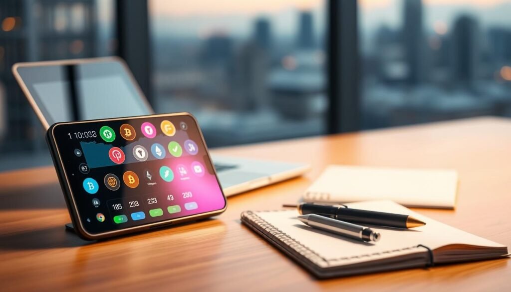 A modern cryptocurrency wallet displayed prominently in the foreground, showcasing its sleek design with digital icons of various cryptocurrencies like Bitcoin, Ethereum, and Litecoin. The wallet should be open, revealing a colorful interface with an overview of assets and recent transactions. In the middle ground, a well-organized workspace with a laptop, notepad, and a pen conveys a sense of professionalism and focus. In the background, a blurred cityscape hints at the global nature of cryptocurrency. Soft, warm lighting creates an inviting atmosphere, emphasizing the importance of security and informed decisions. The composition should capture a sense of innovation and trust, appealing to both new and experienced users interested in cryptocurrency investments. A modern cryptocurrency wallet displayed prominently in the foreground, showcasing its sleek design with digital icons of various cryptocurrencies like Bitcoin, Ethereum, and Litecoin. The wallet should be open, revealing a colorful interface with an overview of assets and recent transactions. In the middle ground, a well-organized workspace with a laptop, notepad, and a pen conveys a sense of professionalism and focus. In the background, a blurred cityscape hints at the global nature of cryptocurrency. Soft, warm lighting creates an inviting atmosphere, emphasizing the importance of security and informed decisions. The composition should capture a sense of innovation and trust, appealing to both new and experienced users interested in cryptocurrency investments.