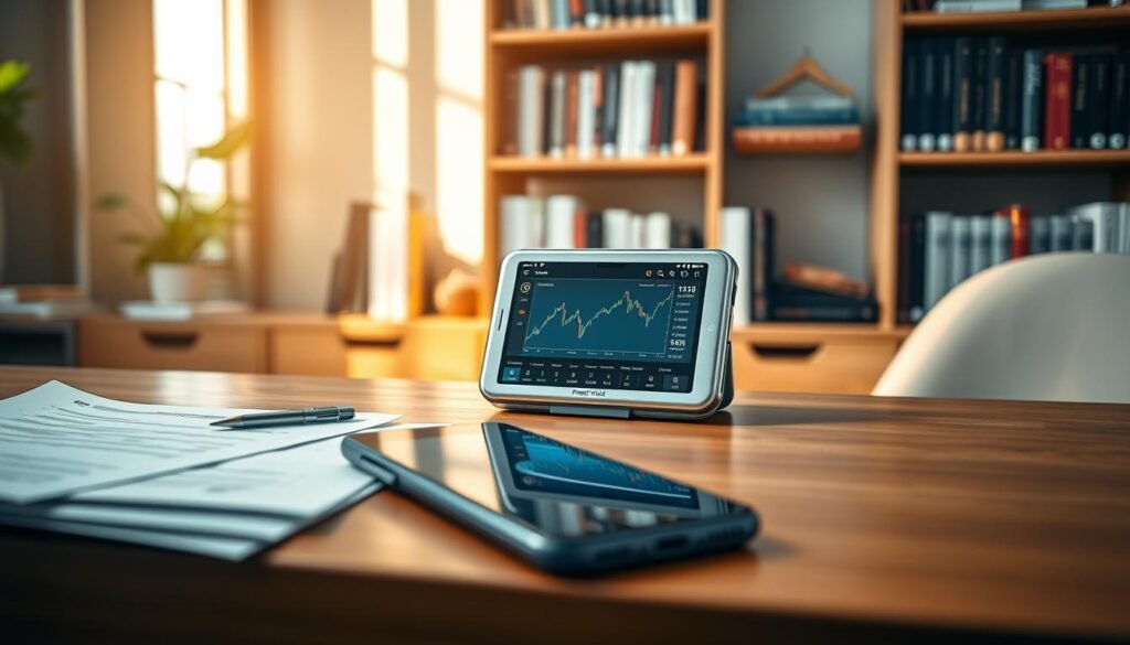 A modern cryptocurrency wallet displayed prominently on a sleek wooden desk, with a subtle glow emanating from the screen, showcasing a user-friendly interface. In the foreground, a set of financial documents and a smartphone displaying cryptocurrency market trends are slightly blurred, adding depth to the scene. The middle ground features the wallet, its metallic surface reflecting the warm light from a nearby window, creating an inviting atmosphere of financial opportunity. In the background, shelves lined with books about finance and investing provide an intellectual backdrop. The overall mood is optimistic and professional, suggesting a user’s first steps into the world of cryptocurrency investments. Soft, natural lighting enhances the inviting ambiance, and the scene is framed from a slight angle to create a dynamic composition. A modern cryptocurrency wallet displayed prominently on a sleek wooden desk, with a subtle glow emanating from the screen, showcasing a user-friendly interface. In the foreground, a set of financial documents and a smartphone displaying cryptocurrency market trends are slightly blurred, adding depth to the scene. The middle ground features the wallet, its metallic surface reflecting the warm light from a nearby window, creating an inviting atmosphere of financial opportunity. In the background, shelves lined with books about finance and investing provide an intellectual backdrop. The overall mood is optimistic and professional, suggesting a user’s first steps into the world of cryptocurrency investments. Soft, natural lighting enhances the inviting ambiance, and the scene is framed from a slight angle to create a dynamic composition.