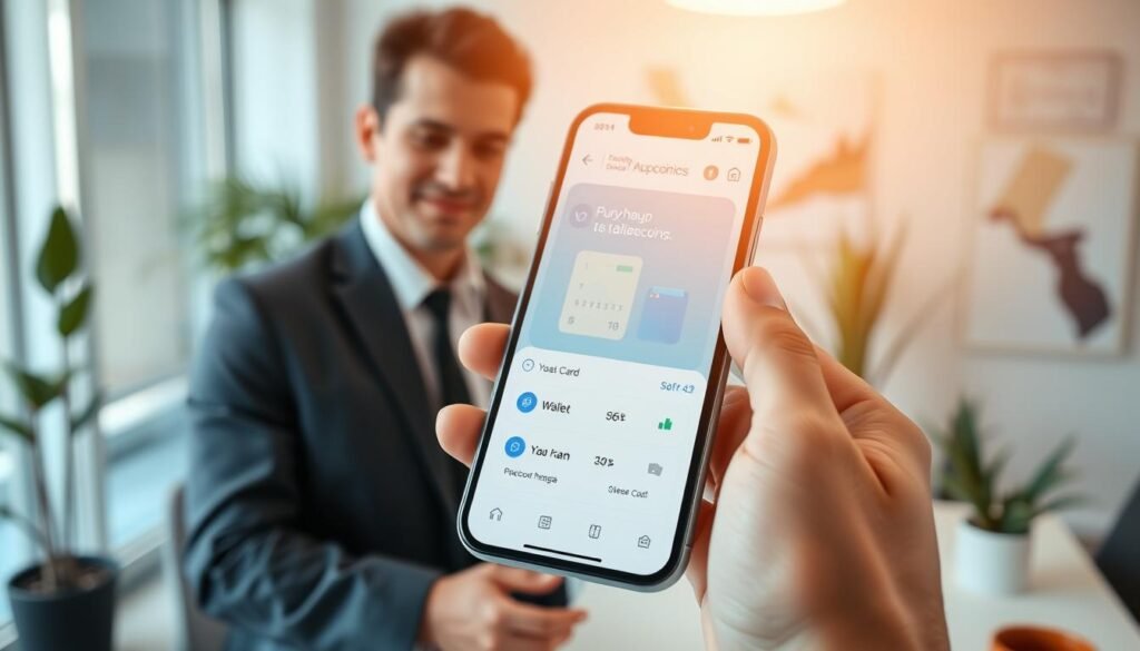 A modern digital application interface displayed on a smartphone screen, showcasing the process of purchasing stablecoins. In the foreground, the phone should be held by a professional individual, dressed in smart business attire, focusing on the app's user-friendly design featuring card and wallet options. The middle layer illustrates the app interface with clear icons and seamless navigation. The background should depict a sleek, contemporary office setting, with soft lighting creating a productive atmosphere. There should be elements like plants and abstract art to enhance the modern feel. Capture the scene from a slightly elevated angle, emphasizing the phone's screen while maintaining a warm and inviting mood. A modern digital application interface displayed on a smartphone screen, showcasing the process of purchasing stablecoins. In the foreground, the phone should be held by a professional individual, dressed in smart business attire, focusing on the app's user-friendly design featuring card and wallet options. The middle layer illustrates the app interface with clear icons and seamless navigation. The background should depict a sleek, contemporary office setting, with soft lighting creating a productive atmosphere. There should be elements like plants and abstract art to enhance the modern feel. Capture the scene from a slightly elevated angle, emphasizing the phone's screen while maintaining a warm and inviting mood.