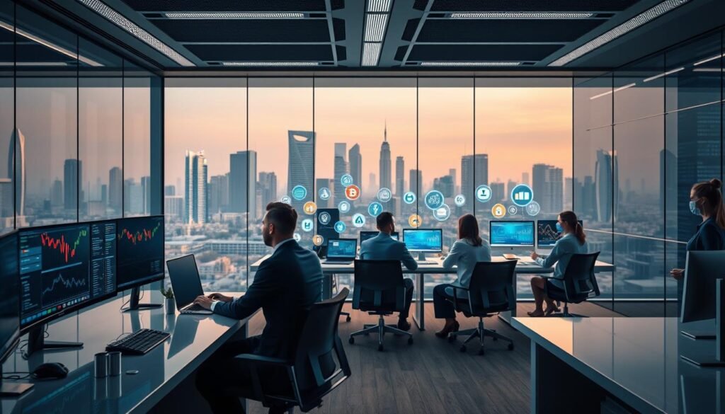 A modern digital currency exchange office, showcasing innovative cryptocurrency business models in the online era. In the foreground, a sleek, high-tech workstation with multiple monitors displaying cryptocurrency charts and data analysis, staffed by a professional in business attire, analyzing trends. The middle ground features a transparent glass meeting room with a diverse team of professionals engaging in a digital brainstorming session, surrounded by holographic interfaces illustrating various cryptocurrency transactions. In the background, an urban skyline with futuristic architecture, symbolizing progress and the digital revolution. Bright, ambient lighting enhances a productive and dynamic atmosphere, captured from a slightly elevated angle, conveying an optimistic view of the future of cryptocurrency exchanges.