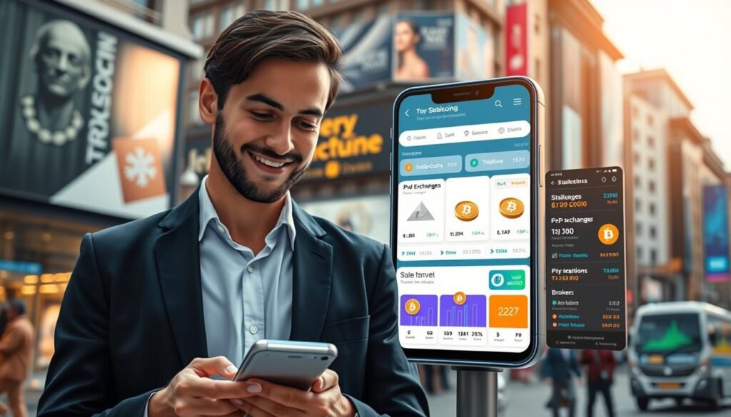 A modern digital marketplace scene showcasing various options for purchasing stablecoins in Poland. In the foreground, a friendly-looking individual, dressed in professional business attire, interacts with a futuristic smartphone displaying cryptocurrency apps. In the middle ground, a sleek, modern cryptocurrency exchange setup features vibrant graphics of stablecoins, along with various trading platforms like P2P exchanges and broker interfaces. The background captures a bustling city environment, blending digital and physical elements, with buildings that have cryptocurrency-related advertisements. Soft, warm lighting bathes the scene, creating an inviting and optimistic atmosphere, emphasizing financial empowerment and innovation. The angle is slightly elevated to provide a comprehensive view of the marketplace dynamics. A modern digital marketplace scene showcasing various options for purchasing stablecoins in Poland. In the foreground, a friendly-looking individual, dressed in professional business attire, interacts with a futuristic smartphone displaying cryptocurrency apps. In the middle ground, a sleek, modern cryptocurrency exchange setup features vibrant graphics of stablecoins, along with various trading platforms like P2P exchanges and broker interfaces. The background captures a bustling city environment, blending digital and physical elements, with buildings that have cryptocurrency-related advertisements. Soft, warm lighting bathes the scene, creating an inviting and optimistic atmosphere, emphasizing financial empowerment and innovation. The angle is slightly elevated to provide a comprehensive view of the marketplace dynamics.