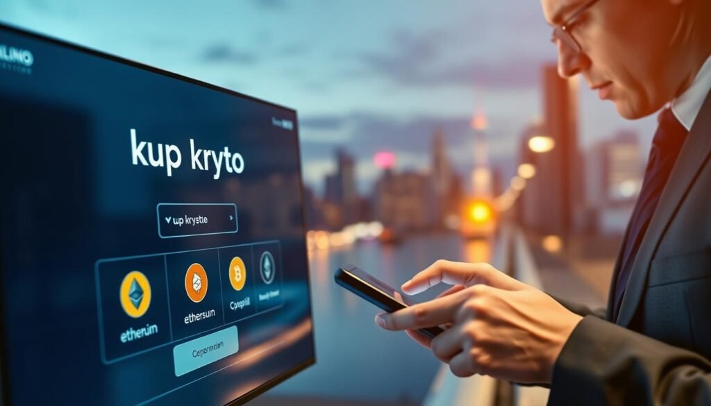 A modern digital marketplace showcasing a cryptocurrency purchase, focusing on a sleek, user-friendly interface with the 'kup krypto' feature prominently displayed on a high-resolution screen. In the foreground, a user in professional business attire, intently navigating the platform, with fingers poised over a touchscreen, ready to make a swift transaction. In the middle ground, several vibrant icons representing various cryptocurrencies, like Bitcoin and Ethereum, creating a sense of excitement. The background features a blurred city skyline at dusk, illuminated by lights that suggest a technological hub, conveying a feeling of innovation and speed. Soft ambient lighting enhances the dynamic atmosphere, while a slight focus blur gives a cinematic depth to the scene, exuding professionalism and urgency. A modern digital marketplace showcasing a cryptocurrency purchase, focusing on a sleek, user-friendly interface with the 'kup krypto' feature prominently displayed on a high-resolution screen. In the foreground, a user in professional business attire, intently navigating the platform, with fingers poised over a touchscreen, ready to make a swift transaction. In the middle ground, several vibrant icons representing various cryptocurrencies, like Bitcoin and Ethereum, creating a sense of excitement. The background features a blurred city skyline at dusk, illuminated by lights that suggest a technological hub, conveying a feeling of innovation and speed. Soft ambient lighting enhances the dynamic atmosphere, while a slight focus blur gives a cinematic depth to the scene, exuding professionalism and urgency.