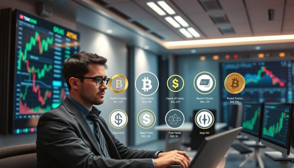 A modern, organized cryptocurrency exchange interface is showcased in the foreground, depicting a user with a focused expression, wearing professional business attire, intently navigating the trading platform. In the middle, various digital coins, particularly stablecoins, are illustrated with clear, vivid details, highlighting their distinct features and value charts. The background features a sleek, tech-inspired office environment with large screens displaying market trends and analytics, bathed in soft, ambient lighting to create a calm, professional atmosphere. The image conveys a sense of clarity and confidence, emphasizing a step-by-step approach to purchasing stablecoins without incurring high fees, inviting viewers into the world of cryptocurrency trading. A modern, organized cryptocurrency exchange interface is showcased in the foreground, depicting a user with a focused expression, wearing professional business attire, intently navigating the trading platform. In the middle, various digital coins, particularly stablecoins, are illustrated with clear, vivid details, highlighting their distinct features and value charts. The background features a sleek, tech-inspired office environment with large screens displaying market trends and analytics, bathed in soft, ambient lighting to create a calm, professional atmosphere. The image conveys a sense of clarity and confidence, emphasizing a step-by-step approach to purchasing stablecoins without incurring high fees, inviting viewers into the world of cryptocurrency trading.