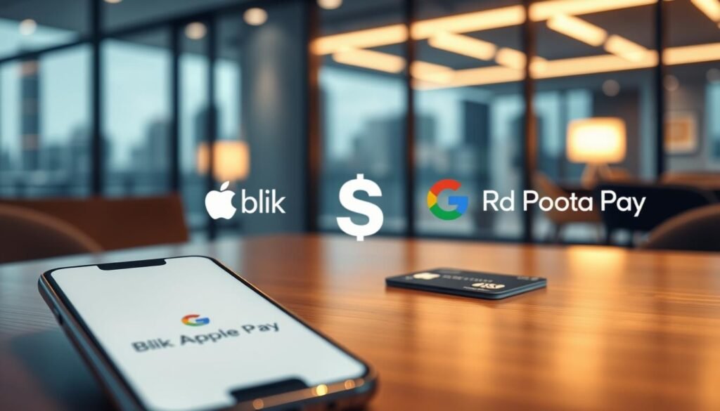 A modern payment solutions scene featuring the logos of BLIK, Apple Pay, and Google Pay. In the foreground, a sleek smartphone displays digital wallet options with the logos clearly visible. Next to the phone, a contactless card rests on a stylish, wooden table with subtle reflections from soft, ambient lighting. In the middle ground, a digital currency symbol emerges, representing crypto transactions. The background features a minimalist tech-inspired environment with a blurred urban skyline through a large window. The atmosphere is professional and dynamic, evoking innovation and modernity in financial transactions. The lighting is warm and inviting, highlighting the payment icons and creating a sense of confidence and security.