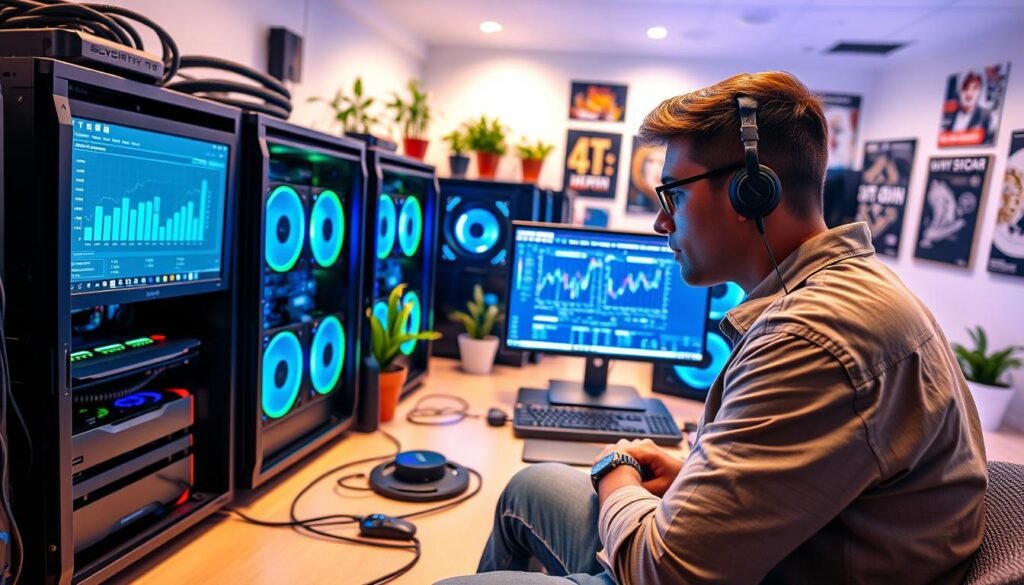 A modern, sleek indoor cryptocurrency mining setup, featuring several high-performance mining rigs with visible graphics cards and cooling systems. In the foreground, a person in casual, professional attire is examining a computer screen displaying a Bitcoin mining dashboard, looking thoughtful and engaged. In the middle, soft blue and green LED lights illuminate the machines, casting a futuristic glow. The background shows a bright, well-organized space with potted plants and tech-related posters on the wall, creating a tech-savvy atmosphere. The lighting is warm yet ambient, emphasizing a sense of innovation and creativity. Capture the energy and enthusiasm of cryptocurrency mining, focusing on the shift from mining to buying Bitcoin. A modern, sleek indoor cryptocurrency mining setup, featuring several high-performance mining rigs with visible graphics cards and cooling systems. In the foreground, a person in casual, professional attire is examining a computer screen displaying a Bitcoin mining dashboard, looking thoughtful and engaged. In the middle, soft blue and green LED lights illuminate the machines, casting a futuristic glow. The background shows a bright, well-organized space with potted plants and tech-related posters on the wall, creating a tech-savvy atmosphere. The lighting is warm yet ambient, emphasizing a sense of innovation and creativity. Capture the energy and enthusiasm of cryptocurrency mining, focusing on the shift from mining to buying Bitcoin.