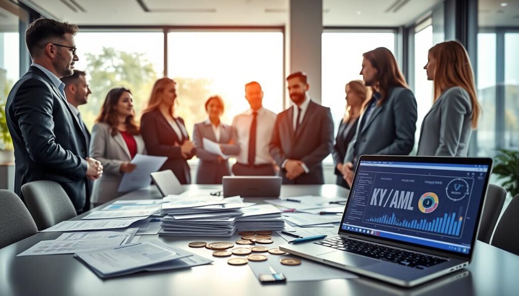A professional, modern office setting with a focus on cryptocurrency transactions and data privacy. In the foreground, a diverse group of business professionals in formal attire are engaged in a discussion, with documents and digital screens displaying graphs and data related to KYC/AML compliance. In the middle ground, a sleek desk piled with paperwork, cryptocurrency symbols, and a laptop with visual representations of transaction monitoring tools. The background features large windows allowing natural light to fill the room, creating an inviting atmosphere while symbolizing transparency. Soft shadows enhance the professional mood, with a slight depth of field to draw attention to the group’s serious expressions and collaborative spirit. A professional, modern office setting with a focus on cryptocurrency transactions and data privacy. In the foreground, a diverse group of business professionals in formal attire are engaged in a discussion, with documents and digital screens displaying graphs and data related to KYC/AML compliance. In the middle ground, a sleek desk piled with paperwork, cryptocurrency symbols, and a laptop with visual representations of transaction monitoring tools. The background features large windows allowing natural light to fill the room, creating an inviting atmosphere while symbolizing transparency. Soft shadows enhance the professional mood, with a slight depth of field to draw attention to the group’s serious expressions and collaborative spirit.