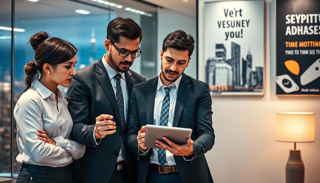 A professional setting illustrating the concept of "security assessment" in cryptocurrency applications. In the foreground, a diverse group of three business professionals, two men and one woman, are intently examining a tablet displaying cryptocurrency app interfaces, dressed in smart business attire. In the middle ground, a sleek modern office with a glass wall showing a vibrant city skyline, conveying a sense of contemporary technology. Soft, diffused lighting enhances the focus on the professionals and the tablet, while a warm color palette evokes a serious yet optimistic atmosphere. The background features motivational posters related to technology and finance, subtly reinforcing the theme of security in digital applications. The angle captures both the individuals and the technology they are evaluating, emphasizing collaboration and focus on safety.