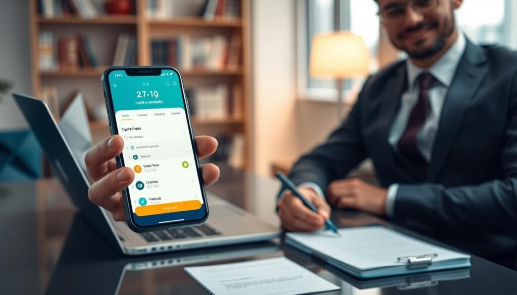 A professional workspace featuring a modern cryptocurrency purchasing app interface displayed on a sleek smartphone. In the foreground, the smartphone is held by a person in business attire, showcasing the app's clean design with bright graphics of coin icons and a checklist for purchasing cryptocurrency. In the middle-ground, a stylish laptop and notepad are visible, suggesting a tech-savvy environment focused on investment. The background features a modern office setting with soft ambient lighting and bookshelf filled with financial books, enhancing the atmosphere of a focused, knowledgeable workspace. The overall mood is confident and professional, emphasizing the importance of preparation and research before engaging in cryptocurrency transactions.