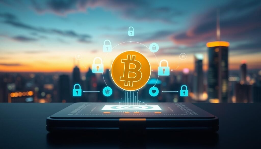 A secure and modern cryptocurrency transaction environment, featuring a sleek digital wallet interface glowing softly in the foreground. In the middle, prominently display a stylized Bitcoin logo, surrounded by digital locks and security icons symbolizing safety. The background shows a futuristic city skyline at dusk, illuminated by colorful lights, suggesting a high-tech atmosphere. Soft, ambient lighting emphasizes a sense of innovation and security, while the lens captures the scene from a dynamic slightly angled perspective, creating depth. The overall mood is reassuring and professional, portraying trust in digital transactions and highlighting the balance between convenience and security. A secure and modern cryptocurrency transaction environment, featuring a sleek digital wallet interface glowing softly in the foreground. In the middle, prominently display a stylized Bitcoin logo, surrounded by digital locks and security icons symbolizing safety. The background shows a futuristic city skyline at dusk, illuminated by colorful lights, suggesting a high-tech atmosphere. Soft, ambient lighting emphasizes a sense of innovation and security, while the lens captures the scene from a dynamic slightly angled perspective, creating depth. The overall mood is reassuring and professional, portraying trust in digital transactions and highlighting the balance between convenience and security.