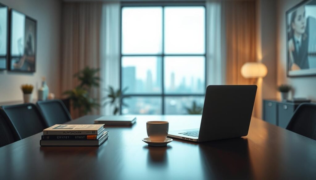 A serene office environment conveying the concept of privacy in cryptocurrency transactions. In the foreground, a sleek, modern desk is adorned with a closed laptop, a small stack of cryptocurrency books, and a coffee cup, symbolizing a tech-savvy lifestyle. In the middle ground, a window reveals a blurred city skyline, indicating the outside world's bustle while maintaining an air of secrecy. The background features soft-focus elements such as abstract digital patterns representing blockchain technology, hinted at through gentle, diffused light. The atmosphere is calm and contemplative, imbued with a subtle blue hue to suggest confidentiality and trust. The lens is set to a shallow depth of field, emphasizing the foreground details while creating a sense of intimacy. A serene office environment conveying the concept of privacy in cryptocurrency transactions. In the foreground, a sleek, modern desk is adorned with a closed laptop, a small stack of cryptocurrency books, and a coffee cup, symbolizing a tech-savvy lifestyle. In the middle ground, a window reveals a blurred city skyline, indicating the outside world's bustle while maintaining an air of secrecy. The background features soft-focus elements such as abstract digital patterns representing blockchain technology, hinted at through gentle, diffused light. The atmosphere is calm and contemplative, imbued with a subtle blue hue to suggest confidentiality and trust. The lens is set to a shallow depth of field, emphasizing the foreground details while creating a sense of intimacy.