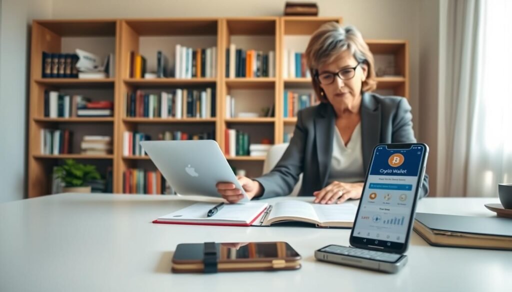 A serene, well-organized home office setup with a middle-aged woman, dressed in smart casual attire, attentively studying notes about Bitcoin on her laptop. In the foreground, a clean desk with a notepad, a pen, and a smartphone showcasing a crypto wallet app. The woman appears focused yet relaxed, reflecting a sense of readiness and confidence. Soft natural lighting illuminates the room, creating a warm and inviting atmosphere. In the background, bookshelves filled with educational materials on finance and technology lend depth to the scene. The overall mood is encouraging and supportive, highlighting the theme of preparation before engaging in digital currency transactions. The composition should emphasize clarity and tranquility, inspiring confidence in learning. A serene, well-organized home office setup with a middle-aged woman, dressed in smart casual attire, attentively studying notes about Bitcoin on her laptop. In the foreground, a clean desk with a notepad, a pen, and a smartphone showcasing a crypto wallet app. The woman appears focused yet relaxed, reflecting a sense of readiness and confidence. Soft natural lighting illuminates the room, creating a warm and inviting atmosphere. In the background, bookshelves filled with educational materials on finance and technology lend depth to the scene. The overall mood is encouraging and supportive, highlighting the theme of preparation before engaging in digital currency transactions. The composition should emphasize clarity and tranquility, inspiring confidence in learning.