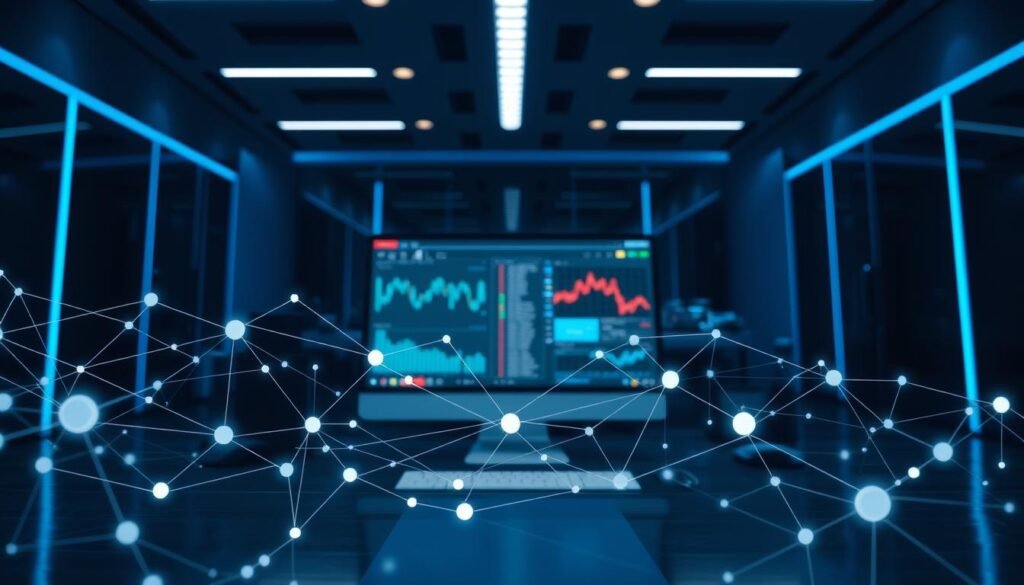 A sleek and modern digital workspace filled with illustrations and data visualizations representing cryptocurrency transactions. In the foreground, an abstract representation of transaction monitoring, featuring interconnected lines and nodes symbolizing data flow. The middle ground showcases a computer screen displaying graphs and alerts, suggesting active monitoring. In the background, a dimly lit room with subtle blue lighting, conveying a sense of technology and trust. The composition should have a professional and analytical atmosphere, emphasizing the concept of tracking and transparency within crypto transactions. Use a wide-angle perspective to capture the essence of a high-tech environment, ensuring clarity and detail throughout. A sleek and modern digital workspace filled with illustrations and data visualizations representing cryptocurrency transactions. In the foreground, an abstract representation of transaction monitoring, featuring interconnected lines and nodes symbolizing data flow. The middle ground showcases a computer screen displaying graphs and alerts, suggesting active monitoring. In the background, a dimly lit room with subtle blue lighting, conveying a sense of technology and trust. The composition should have a professional and analytical atmosphere, emphasizing the concept of tracking and transparency within crypto transactions. Use a wide-angle perspective to capture the essence of a high-tech environment, ensuring clarity and detail throughout.