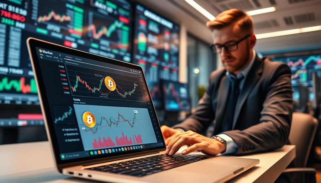 A sleek, modern online cryptocurrency exchange interface in action, showcasing a step-by-step process. In the foreground, a business professional in smart casual attire is interacting with a laptop, with charts and graphs on the screen that display cryptocurrency trading trends. The middle layer features vibrant visuals of popular cryptocurrencies like Bitcoin and Ethereum, illustrating transaction flows. The background is a high-tech office environment with digital screens showcasing real-time market data, enhanced by soft, ambient lighting that suggests a focus on innovation. The atmosphere is dynamic and forward-looking, capturing the essence of the evolving world of online crypto exchanges. Camera angle is slightly elevated, emphasizing the laptop and the engaging interface.