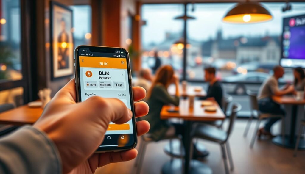 A sleek smartphone displaying a BLIK payment interface, with a modern digital wallet open showing Bitcoin and other cryptocurrencies. The foreground features a hand poised to tap the screen, symbolizing quick action. In the middle ground, a blurred busy café scene with people engaged in discussions, emphasizing a lively and productive atmosphere. The background showcases a vibrant cityscape, hinting at financial technology advancements in Poland. Warm, focused lighting creates an inviting mood, with reflections on the phone's screen that highlight digital elements. Use a shallow depth of field to emphasize the smartphone, capturing the essence of efficiency and modern banking in a professional context. A sleek smartphone displaying a BLIK payment interface, with a modern digital wallet open showing Bitcoin and other cryptocurrencies. The foreground features a hand poised to tap the screen, symbolizing quick action. In the middle ground, a blurred busy café scene with people engaged in discussions, emphasizing a lively and productive atmosphere. The background showcases a vibrant cityscape, hinting at financial technology advancements in Poland. Warm, focused lighting creates an inviting mood, with reflections on the phone's screen that highlight digital elements. Use a shallow depth of field to emphasize the smartphone, capturing the essence of efficiency and modern banking in a professional context.