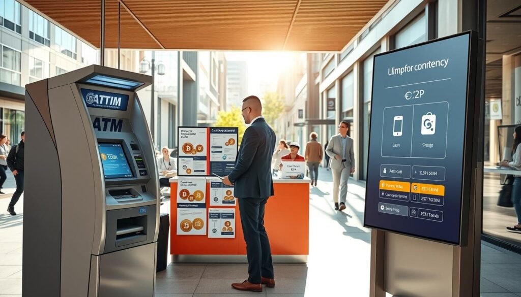 A vibrant and informative scene depicting various methods of purchasing cryptocurrencies with cash. In the foreground, a modern Bitcoin ATM, with a person in business attire interacting with the touchscreen, showcasing an intuitive user interface. In the middle ground, a physical currency exchange counter displaying cryptocurrency posters and brochures, with a friendly staff member assisting a customer. To the right, a digital screen showing a P2P transaction process, illustrating the convenience and security. The background features a contemporary urban setting with a bustling street, bright sunlight filtering through nearby buildings, creating a welcoming and optimistic atmosphere. Focus on sharp details and vivid colors to enhance clarity and engagement. A vibrant and informative scene depicting various methods of purchasing cryptocurrencies with cash. In the foreground, a modern Bitcoin ATM, with a person in business attire interacting with the touchscreen, showcasing an intuitive user interface. In the middle ground, a physical currency exchange counter displaying cryptocurrency posters and brochures, with a friendly staff member assisting a customer. To the right, a digital screen showing a P2P transaction process, illustrating the convenience and security. The background features a contemporary urban setting with a bustling street, bright sunlight filtering through nearby buildings, creating a welcoming and optimistic atmosphere. Focus on sharp details and vivid colors to enhance clarity and engagement.