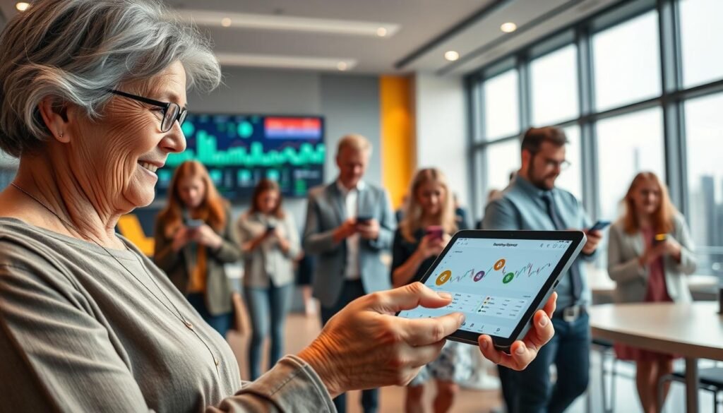 A vibrant cryptocurrency exchange scene in a modern Polish setting, showcasing a user-friendly digital platform. In the foreground, a friendly older woman, dressed in modest casual clothing, is intently examining a tablet displaying a colorful cryptocurrency dashboard, with various digital coins prominently featured. In the middle ground, we see diverse individuals of varying ages engaging with mobile devices, symbolizing the accessibility of cryptocurrency for beginners. The background reveals a sleek, contemporary office with digital screens showcasing market trends and subtle elements of the Polish skyline through large windows. The lighting is bright and inviting, creating an atmosphere of optimism and innovation. The overall mood is energetic and welcoming, highlighting the ease of entering the world of digital currency. A vibrant cryptocurrency exchange scene in a modern Polish setting, showcasing a user-friendly digital platform. In the foreground, a friendly older woman, dressed in modest casual clothing, is intently examining a tablet displaying a colorful cryptocurrency dashboard, with various digital coins prominently featured. In the middle ground, we see diverse individuals of varying ages engaging with mobile devices, symbolizing the accessibility of cryptocurrency for beginners. The background reveals a sleek, contemporary office with digital screens showcasing market trends and subtle elements of the Polish skyline through large windows. The lighting is bright and inviting, creating an atmosphere of optimism and innovation. The overall mood is energetic and welcoming, highlighting the ease of entering the world of digital currency.