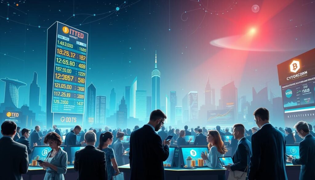 A vibrant digital landscape showcasing the global cryptocurrency market, with a bustling virtual marketplace in the foreground filled with diverse people in professional business attire examining digital currencies on their devices. In the middle ground, towering screens display fluctuating cryptocurrency prices, illustrating the ever-changing nature of the market. The backdrop features stylized city silhouettes with futuristic architecture, representing technological advancement. Bright neon lights and digital graphs infuse the scene with energy, creating a dynamic atmosphere. The lighting is bright but balanced, emphasizing the optimism of the digital revolution, with a slight focus on the marketplace to enhance engagement.