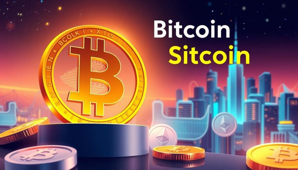 A visually engaging illustration of cryptocurrencies, prominently featuring a stylized Bitcoin symbol in the foreground, rendered in vibrant gold and silver hues. The symbol should appear three-dimensional, with soft glowing edges to suggest digital vitality. In the middle ground, include a variety of other cryptocurrency symbols, like Ethereum and Litecoin, subtly arranged to represent diversity in the crypto market. The background should depict an abstract cityscape, hinting at the digital economy, with neon lights and a starry sky to create an immersive, futuristic atmosphere. Use warm, inviting lighting to evoke a sense of accessibility and understanding, making it feel approachable for seniors. Ensure a clean and focused composition, suitable for illustrating the theme of simplifying Bitcoin. A visually engaging illustration of cryptocurrencies, prominently featuring a stylized Bitcoin symbol in the foreground, rendered in vibrant gold and silver hues. The symbol should appear three-dimensional, with soft glowing edges to suggest digital vitality. In the middle ground, include a variety of other cryptocurrency symbols, like Ethereum and Litecoin, subtly arranged to represent diversity in the crypto market. The background should depict an abstract cityscape, hinting at the digital economy, with neon lights and a starry sky to create an immersive, futuristic atmosphere. Use warm, inviting lighting to evoke a sense of accessibility and understanding, making it feel approachable for seniors. Ensure a clean and focused composition, suitable for illustrating the theme of simplifying Bitcoin.