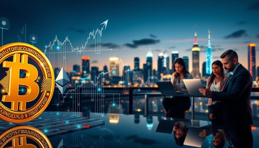 A visually striking digital artwork depicting the intricate world of cryptocurrency investment. In the foreground, a close-up of a stylized 3D Bitcoin and Ethereum symbol, shining with a golden glow, surrounded by floating holographic graphs demonstrating market trends. In the middle ground, a diverse group of professionals in business attire thoughtfully analyzing charts on laptops and discussing strategies, their expressions focused and engaged. The background features a futuristic city skyline at dusk, illuminated by neon lights, conveying a sense of innovation and opportunity. Soft, ambient lighting casts reflections, creating an atmosphere of excitement and possibility in the crypto market. The composition captures the essence of investing in cryptocurrencies and their fluctuating value, emphasizing clarity and professionalism. A visually striking digital artwork depicting the intricate world of cryptocurrency investment. In the foreground, a close-up of a stylized 3D Bitcoin and Ethereum symbol, shining with a golden glow, surrounded by floating holographic graphs demonstrating market trends. In the middle ground, a diverse group of professionals in business attire thoughtfully analyzing charts on laptops and discussing strategies, their expressions focused and engaged. The background features a futuristic city skyline at dusk, illuminated by neon lights, conveying a sense of innovation and opportunity. Soft, ambient lighting casts reflections, creating an atmosphere of excitement and possibility in the crypto market. The composition captures the essence of investing in cryptocurrencies and their fluctuating value, emphasizing clarity and professionalism.